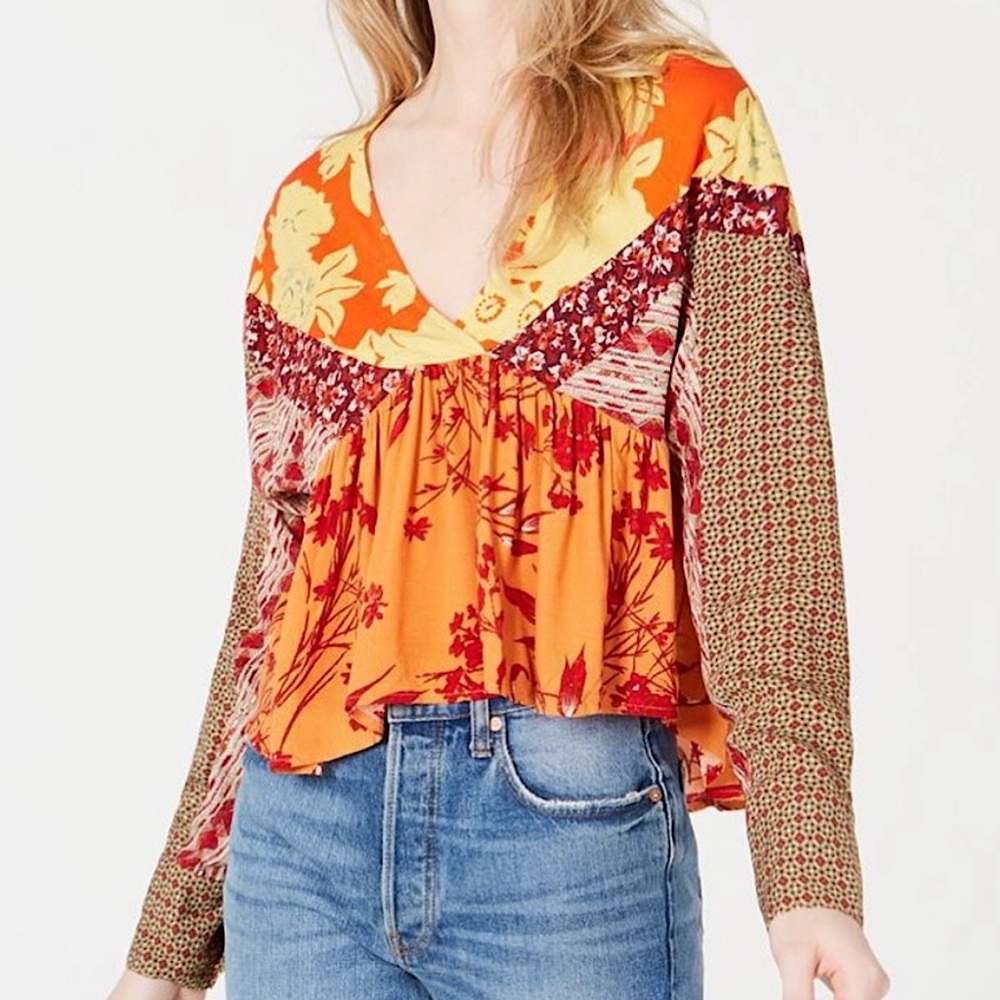 NWOT Free People Patchwork Long Sleeve Peasant Blouse Sz.S